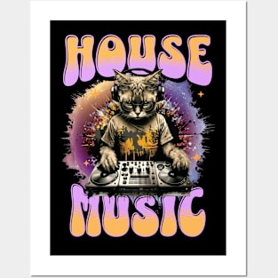 HOUSE MUSIC  - Feline Dj on Decks (pink/orange) Posters and Art